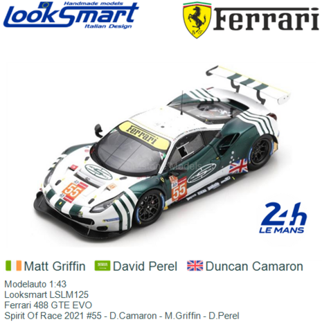 Modelauto 1:43 | Looksmart LSLM125 | Ferrari 488 GTE EVO | Spirit Of Race 2021 #55 - D.Camaron - M.Griffin - D.Perel