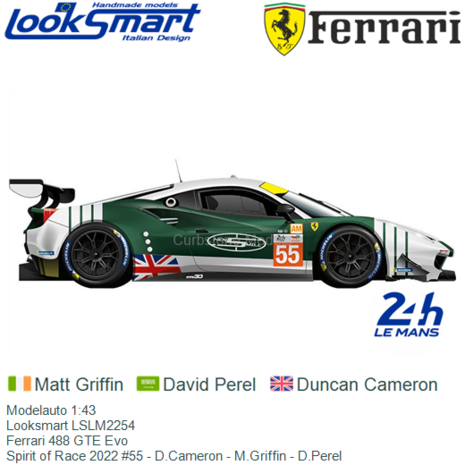 Modelauto 1:43 | Looksmart LSLM2254 | Ferrari 488 GTE Evo | Spirit of Race 2022 #55 - D.Cameron - M.Griffin - D.Perel