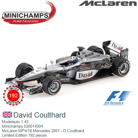 Modelauto 1:43 | Minichamps 530014304 | McLaren MP4/16 Mercedes 2001 - D.Coulthard