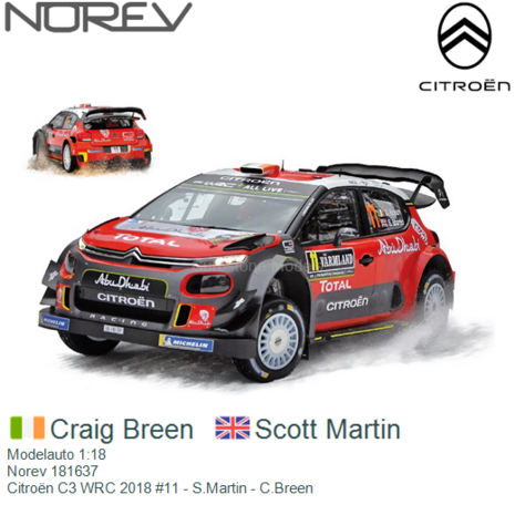 Modelauto 1:18 | Norev 181637 | Citroën C3 WRC 2018 #11 - S.Martin - C.Breen
