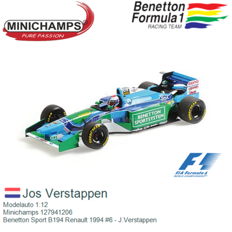 Modelauto 1:12 | Minichamps 127941206 | Benetton Sport B194 Renault 1994 #6 - J.Verstappen