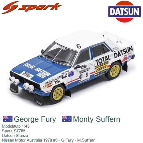 Modelauto 1:43 | Spark S7765 | Datsun Stanza | Nissan Motor Australia 1978 #6 - G.Fury - M.Suffern