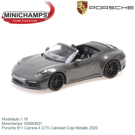 Modelauto 1:18 | Minichamps 155063031 | Porsche 911 Carrera 4 GTS Cabriolet Grijs Metallic 2020