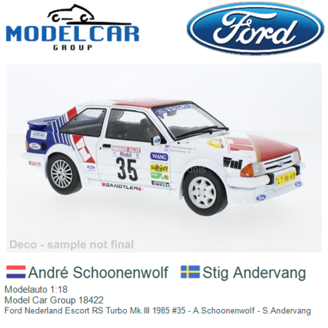 Modelauto 1:18 | Model Car Group 18422 | Ford Nederland Escort RS Turbo Mk.III 1985 #35 - A.Schoonenwolf - S.Andervang