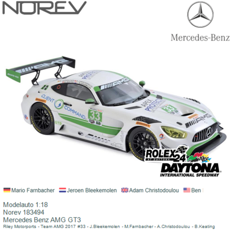 Modelauto 1:18 | Norev 183494 | Mercedes Benz AMG GT3 | Riley Motorports - Team AMG 2017 #33 - J.Bleekemolen - M.Farnbacher - A