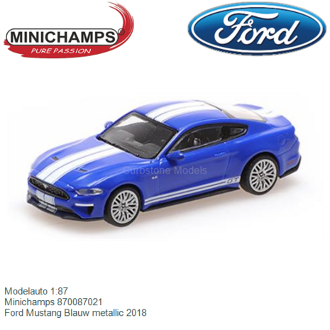Modelauto 1:87 | Minichamps 870087021 | Ford Mustang Blauw metallic 2018