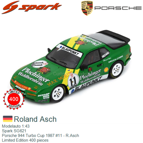 Modelauto 1:43 | Spark SG621 | Porsche 944 Turbo Cup 1987 #11 - R.Asch