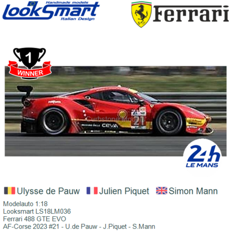 Modelauto 1:18 | Looksmart LS18LM036 | Ferrari 488 GTE EVO | AF-Corse 2023 #21 - U.de Pauw - J.Piquet - S.Mann