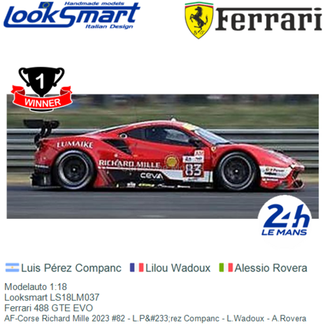 Modelauto 1:18 | Looksmart LS18LM037 | Ferrari 488 GTE EVO | AF-Corse Richard Mille 2023 #82 - L.P&#233;rez Companc - L.Wad