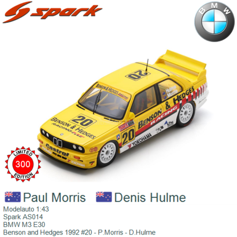 Modelauto 1:43 | Spark AS014 | BMW M3 E30 | Benson and Hedges 1992 #20 - P.Morris - D.Hulme