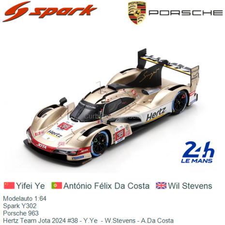 Modelauto 1:64 | Spark Y302 | Porsche 963 | Hertz Team Jota 2024 #38 - Y.Ye  - W.Stevens - A.Da Costa