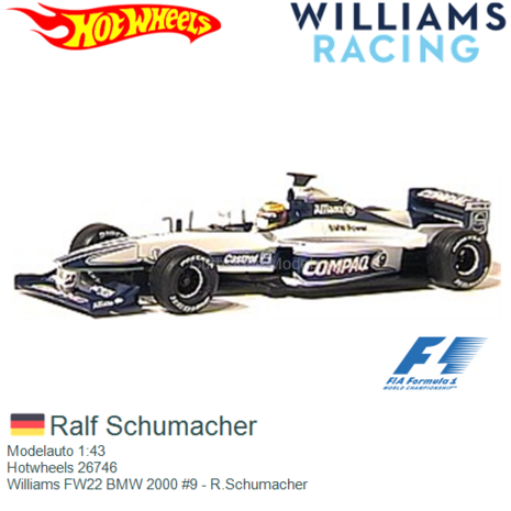 Modelauto 1:43 | Hotwheels 26746 | Williams FW22 BMW 2000 #9 - R.Schumacher