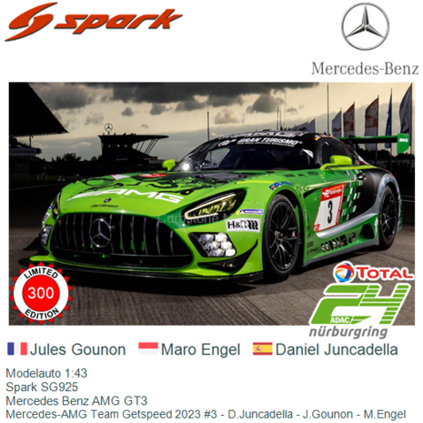 Modelauto 1:43 | Spark SG925 | Mercedes Benz AMG GT3 | Mercedes-AMG Team Getspeed 2023 #3 - D.Juncadella - J.Gounon - M.Engel