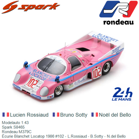 Modelauto 1:43 | Spark S8465 | Rondeau M379C | Écurie Blanchet Locatop 1986 #102 - L.Rossiaud - B.Sotty - N.del Bello