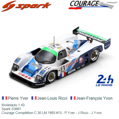 Modelauto 1:43 | Spark S3661 | Courage Compétition C 30 LM 1993 #13 - P.Yver - J.Ricci - J.Yvon