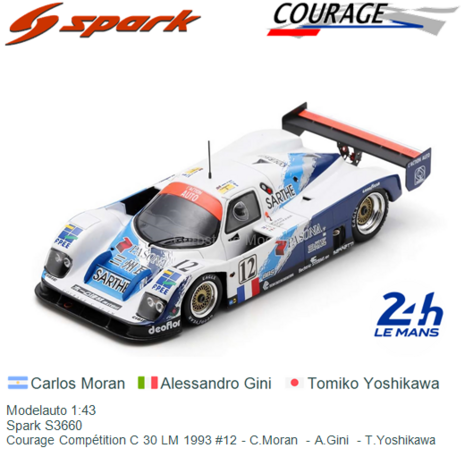 Modelauto 1:43 | Spark S3660 | Courage Compétition C 30 LM 1993 #12 - C.Moran  - A.Gini  - T.Yoshikawa
