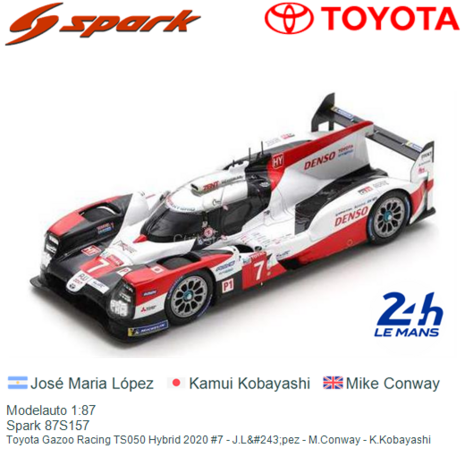 Modelauto 1:87 | Spark 87S157 | Toyota Gazoo Racing TS050 Hybrid 2020 #7 - J.L&#243;pez - M.Conway - K.Kobayashi