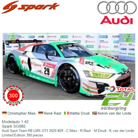 Modelauto 1:43 | Spark SG685 | Audi Spot Team R8 LMS GT3 2020 #29 - C.Mies - R.Rast - M.Drudi - K.van der Linde