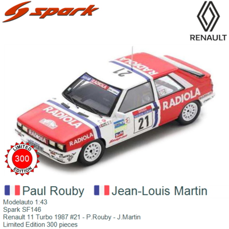 Modelauto 1:43 | Spark SF146 | Renault 11 Turbo 1987 #21 - P.Rouby - J.Martin