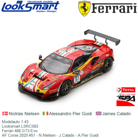Modelauto 1:43 | Looksmart LSRC083 | Ferrari 488 GT3 Evo | AF Corse 2020 #51 - N.Nielsen - J.Calado - A.Pier Guidi