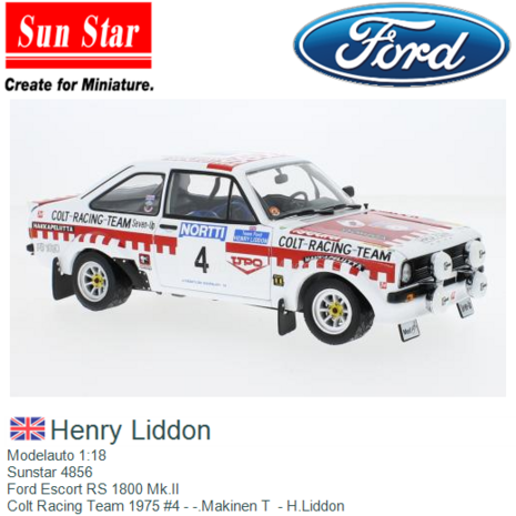 Modelauto 1:18 | Sunstar 4856 | Ford Escort RS 1800 Mk.II | Colt Racing Team 1975 #4 - -.Makinen T  - H.Liddon