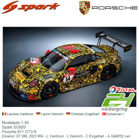 Modelauto 1:43 | Spark SG920 | Porsche 911 GT3 R | Dinamic GT SRL 2023 #54 - L.Vanthoor - L.Heinrich - C.Engelhart - A.G&#2