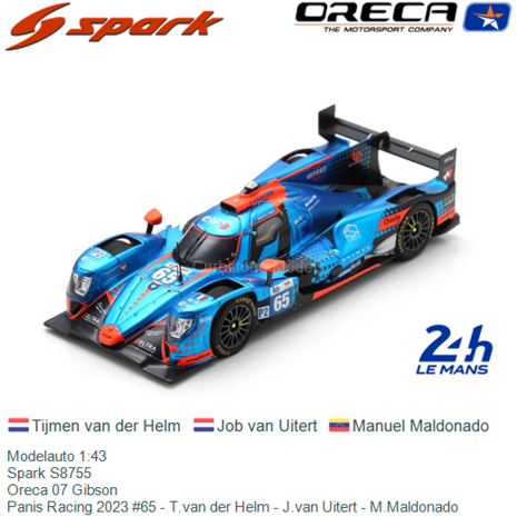 Modelauto 1:43 | Spark S8755 | Oreca 07 Gibson | Panis Racing 2023 #65 - T.van der Helm - J.van Uitert - M.Maldonado