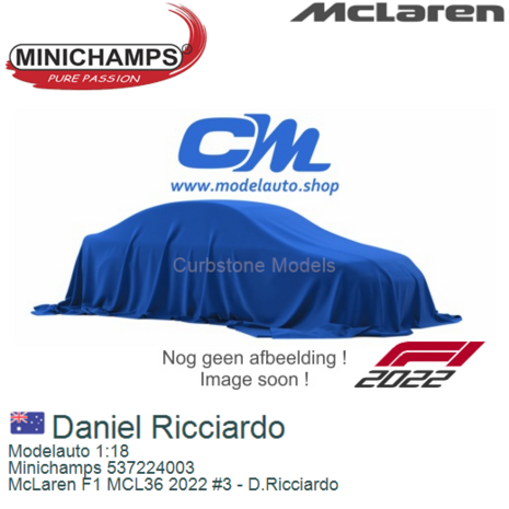 Modelauto 1:18 | Minichamps 537224003 | McLaren F1 MCL36 2022 #3 - D.Ricciardo