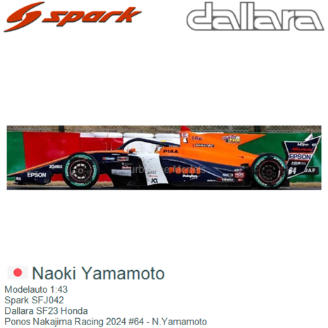 Modelauto 1:43 | Spark SFJ042 | Dallara SF23 Honda | Ponos Nakajima Racing 2024 #64 - N.Yamamoto