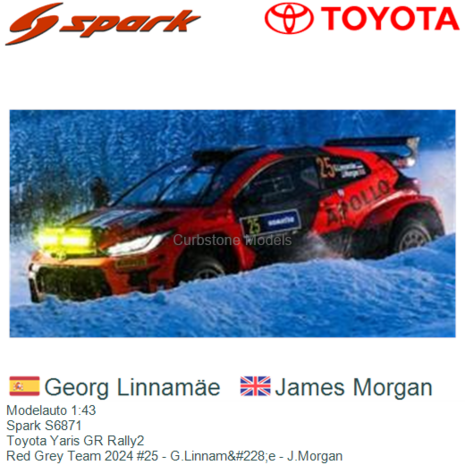 Modelauto 1:43 | Spark S6871 | Toyota Yaris GR Rally2 | Red Grey Team 2024 #25 - G.Linnam&#228;e - J.Morgan