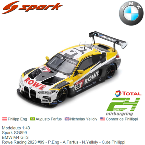 Modelauto 1:43 | Spark SG899 | BMW M4 GT3 | Rowe Racing 2023 #99 - P.Eng - A.Farfus - N.Yelloly - C.de Phillippi