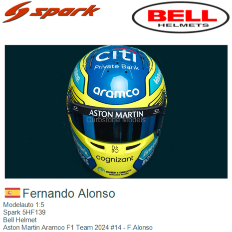 Modelauto 1:5 | Spark 5HF139 | Bell Helmet | Aston Martin Aramco F1 Team 2024 #14 - F.Alonso