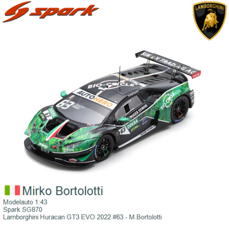 Modelauto 1:43 | Spark SG870 | Lamborghini Huracan GT3 EVO 2022 #63 - M.Bortolotti