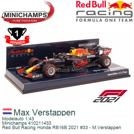 Modelauto 1:43 | Minichamps 410211433 | Red Bull Racing Honda RB16B 2021 #33 - M.Verstappen