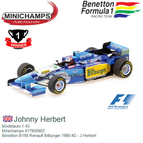 Modelauto 1:43 | Minichamps 417950802 | Benetton B195 Renault Bitburger 1995 #2 - J.Herbert