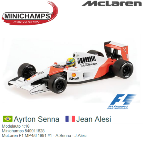 Modelauto 1:18 | Minichamps 540911828 | McLaren F1 MP4/6 1991 #1 - A.Senna - J.Alesi