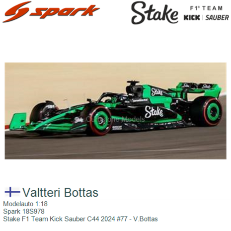 Modelauto 1:18 | Spark 18S978 | Stake F1 Team Kick Sauber C44 2024 #77 - V.Bottas