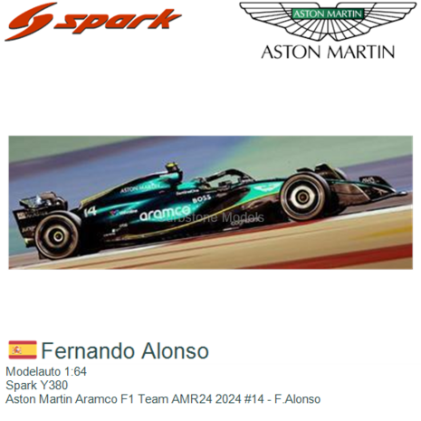 Modelauto 1:64 | Spark Y380 | Aston Martin Aramco F1 Team AMR24 2024 #14 - F.Alonso