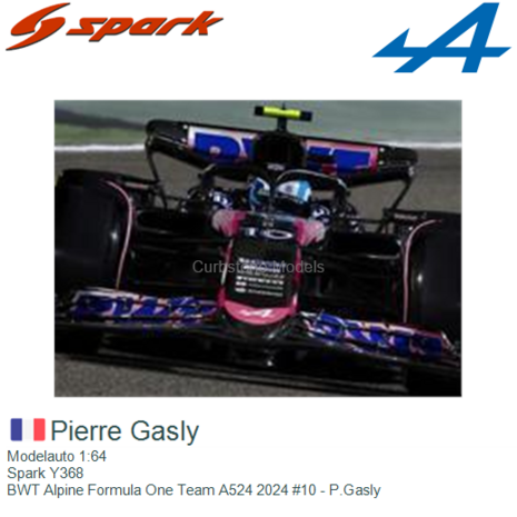 Modelauto 1:64 | Spark Y368 | BWT Alpine Formula One Team A524 2024 #10 - P.Gasly