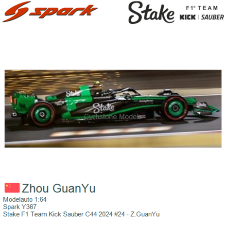 Modelauto 1:64 | Spark Y367 | Stake F1 Team Kick Sauber C44 2024 #24 - Z.GuanYu
