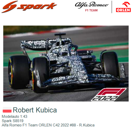 Modelauto 1:43 | Spark S8519 | Alfa Romeo F1 Team ORLEN C42 2022 #88 - R.Kubica