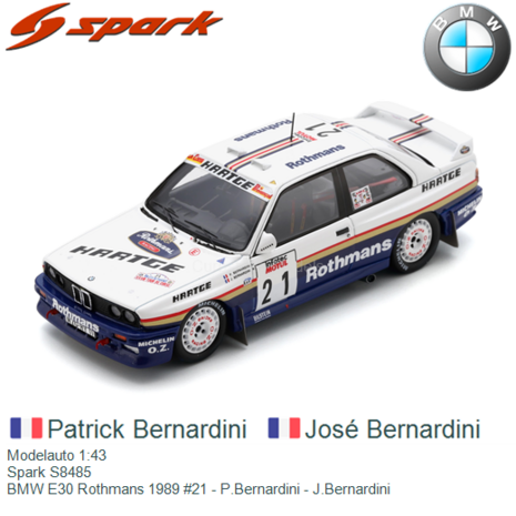 Modelauto 1:43 | Spark S8485 | BMW E30 Rothmans 1989 #21 - P.Bernardini - J.Bernardini