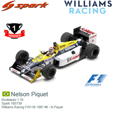 Modelauto 1:18 | Spark 18S739 | Williams Racing FW11B 1987 #6 - N.Piquet