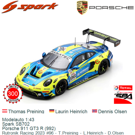 Modelauto 1:43 | Spark SB702 | Porsche 911 GT3 R (992) | Rutronik Racing 2023 #96 - T.Preining - L.Heinrich - D.Olsen
