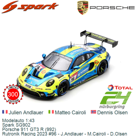 Modelauto 1:43 | Spark SG902 | Porsche 911 GT3 R (992) | Rutronik Racing 2023 #96 - J.Andlauer - M.Cairoli - D.Olsen