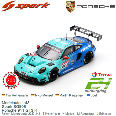 Modelauto 1:43 | Spark SG906 | Porsche 911 GT3 R | Falken Motorsports 2023 #44 - T.Heinemann - N.Menzel - M.Ragginger - J.Eriks
