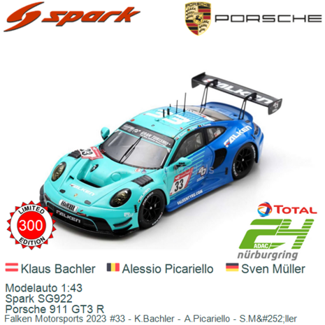 Modelauto 1:43 | Spark SG922 | Porsche 911 GT3 R | Falken Motorsports 2023 #33 - K.Bachler - A.Picariello - S.M&#252;ller