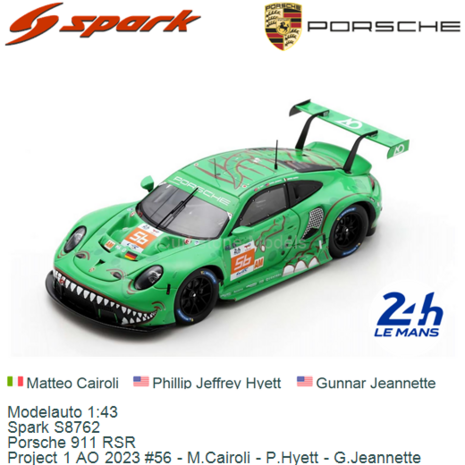 Modelauto 1:43 | Spark S8762 | Porsche 911 RSR | Project 1 AO 2023 #56 - M.Cairoli - P.Hyett - G.Jeannette