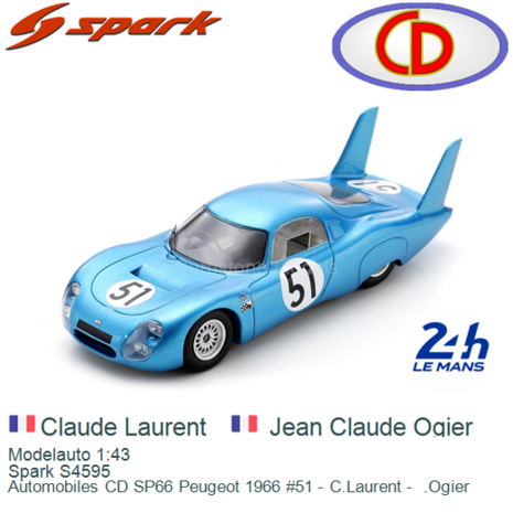 Modelauto 1:43 | Spark S4595 | Automobiles CD SP66 Peugeot 1966 #51 - C.Laurent -  .Ogier