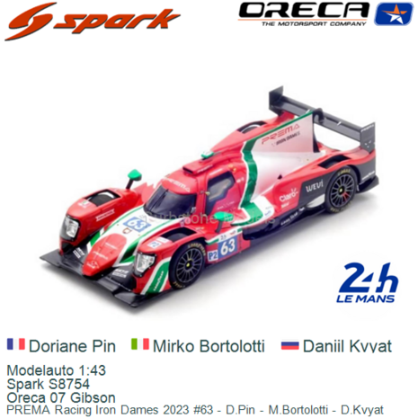 Modelauto 1:43 | Spark S8754 | Oreca 07 Gibson | PREMA Racing Iron Dames 2023 #63 - D.Pin - M.Bortolotti - D.Kvyat